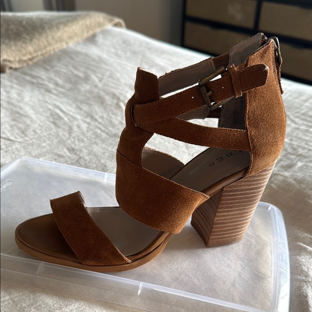 Cognac Suede Block Heel Sandals with Straps